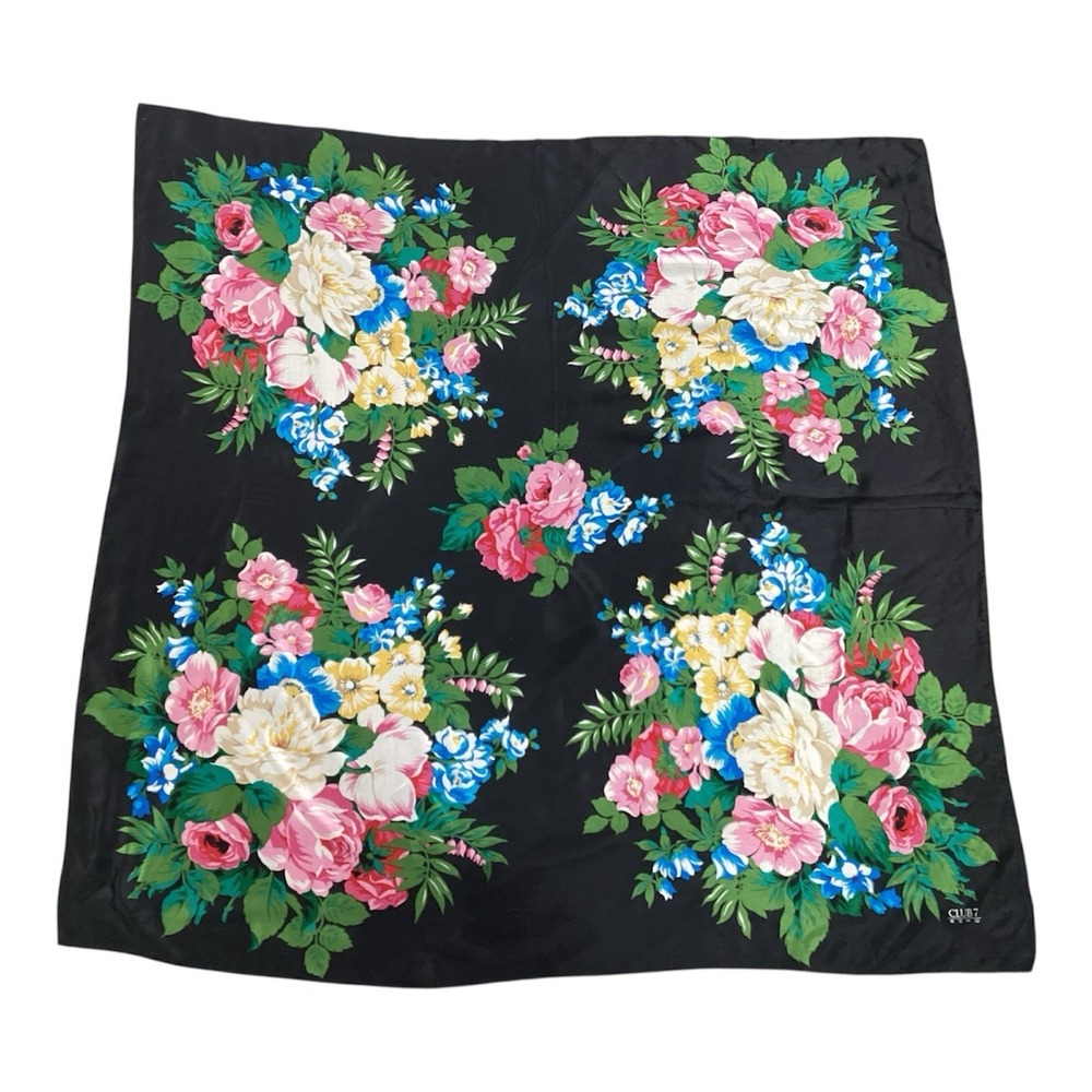 Vintage Echo Club 7 Silk Scarf Black Floral Print Made in Japan 34" Square